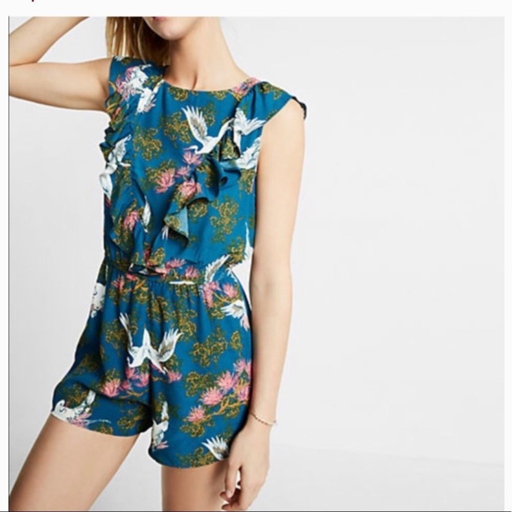 Express Ruffle Crane/ Bird Print Romper - Picture 2 of 15